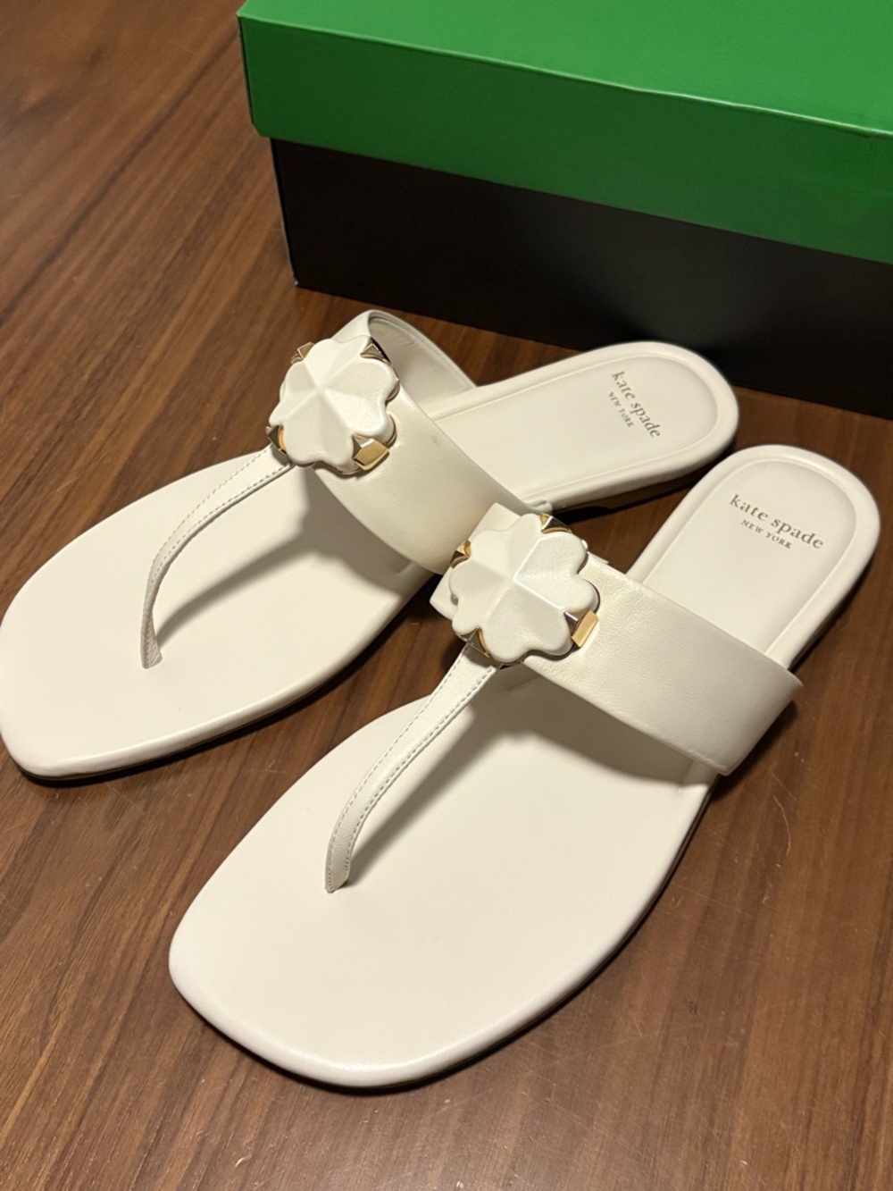 kate spade White Floral Thong Sandals with Gold Accents